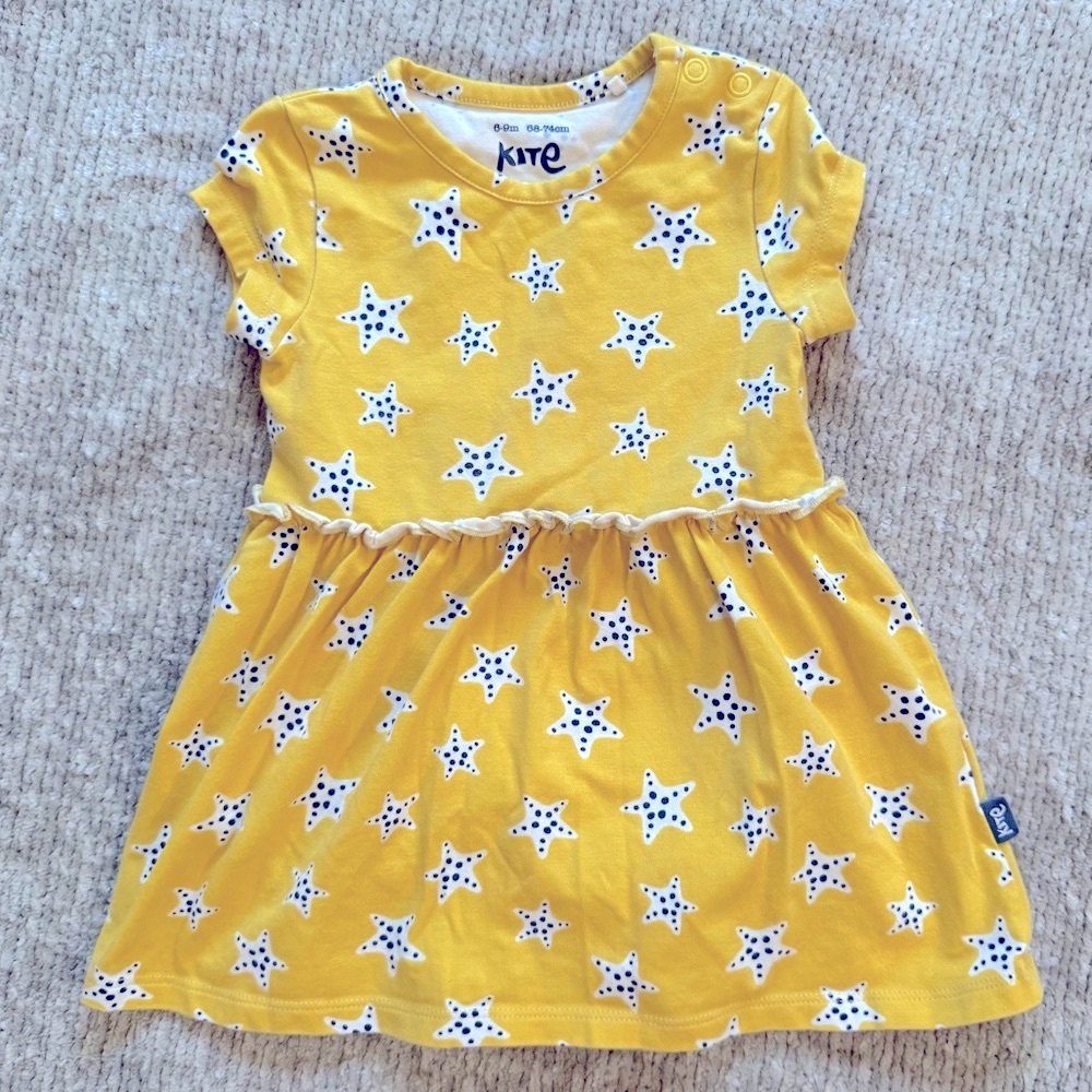 Kite Organic Cotton Yellow Starfish Baby Romper Dress 6–9M Beach Vacation Summer